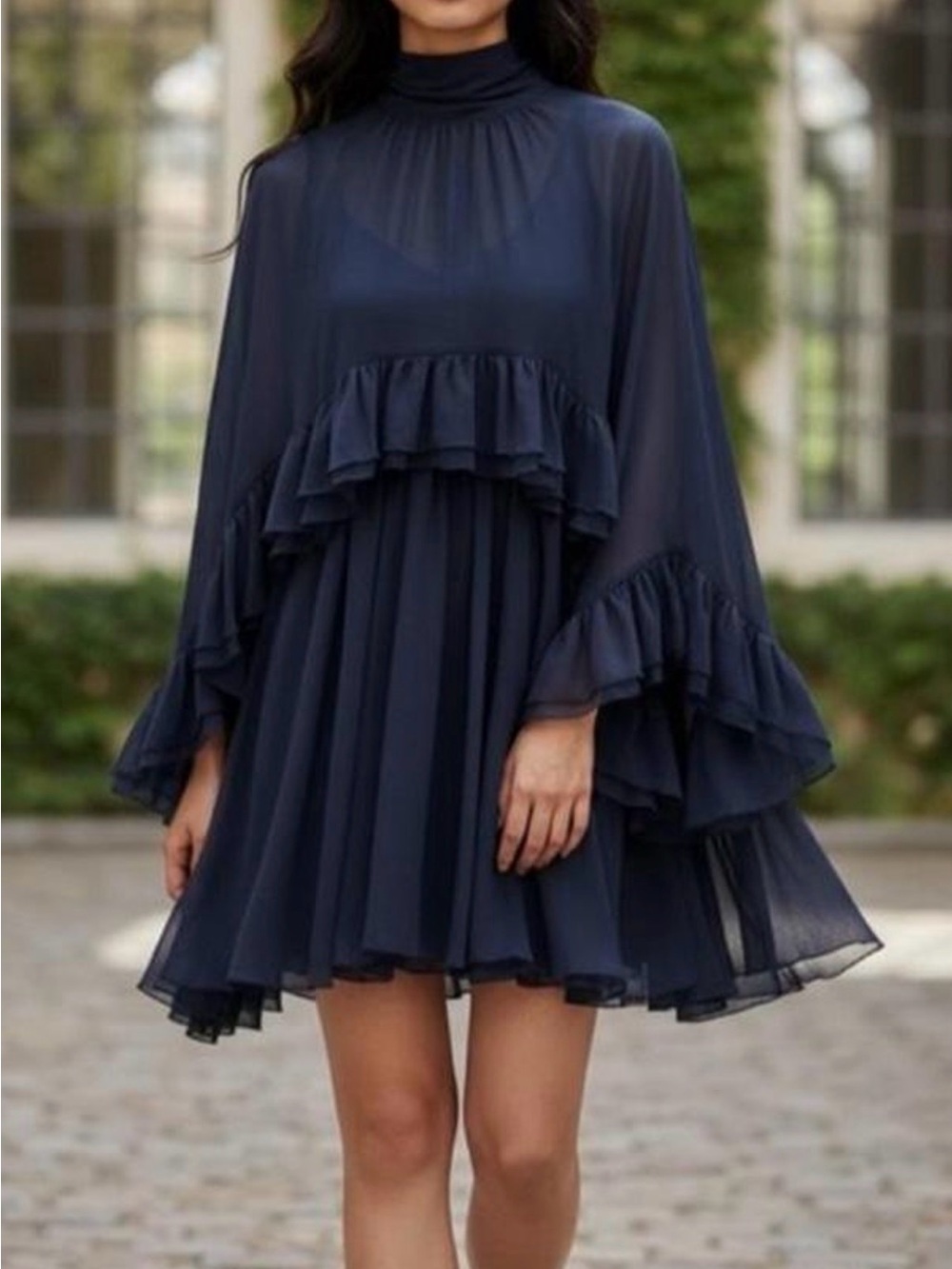 Navy COMMENSE XS Ruffle Tiered Chiffon cape dress